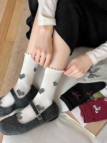 4 双秋冬流行 Anko 蕾丝蝴蝶结中筒袜，甜美百搭休闲袜 - 彩色 - 查看 6