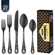 5/20pcs Gothic Design Cutlery Service For 4/6, Premium Stainless Steel Flatware Includes Spoon Fork And Knife, Cool Silverware With Skull&Rose Pattern, Mirror Polished, Nice Gift For Dark&Rock Lover//Birthday ,Kitchen,Christmas Gift,School Supplies - màu đen - Xem 1