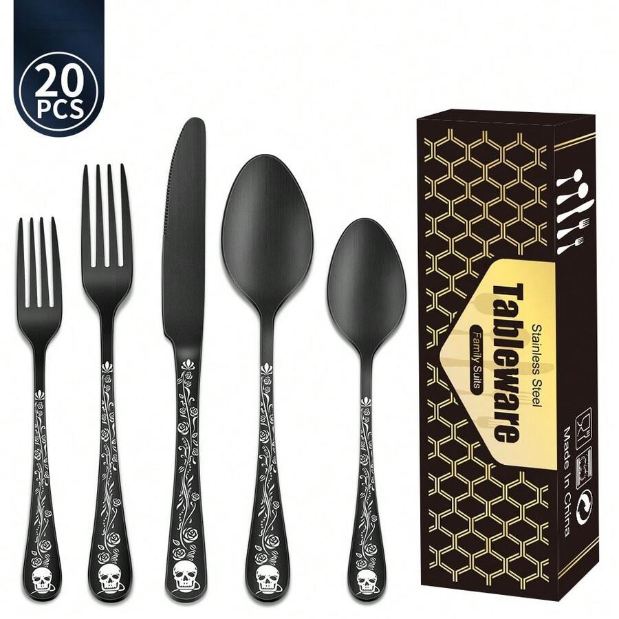 5/20pcs Gothic Design Cutlery Service For 4/6, Premium Stainless Steel Flatware Includes Spoon Fork And Knife, Cool Silverware With Skull&Rose Pattern, Mirror Polished, Nice Gift For Dark&Rock Lover//Birthday ,Kitchen,Christmas Gift,School Supplies - màu đen - Xem 1