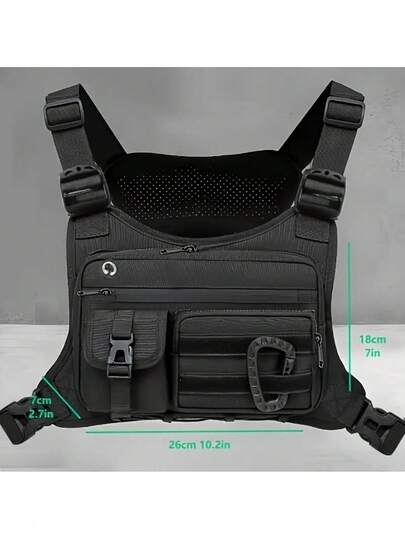 千鱼黑色战术胸包，男女皆宜 - 可调节肩带、多个口袋、耐用拉链收纳，适合跑步、徒步旅行、运动和锻炼，安全时尚的设计，运动器材，运动配件，功能性口袋，圣诞节