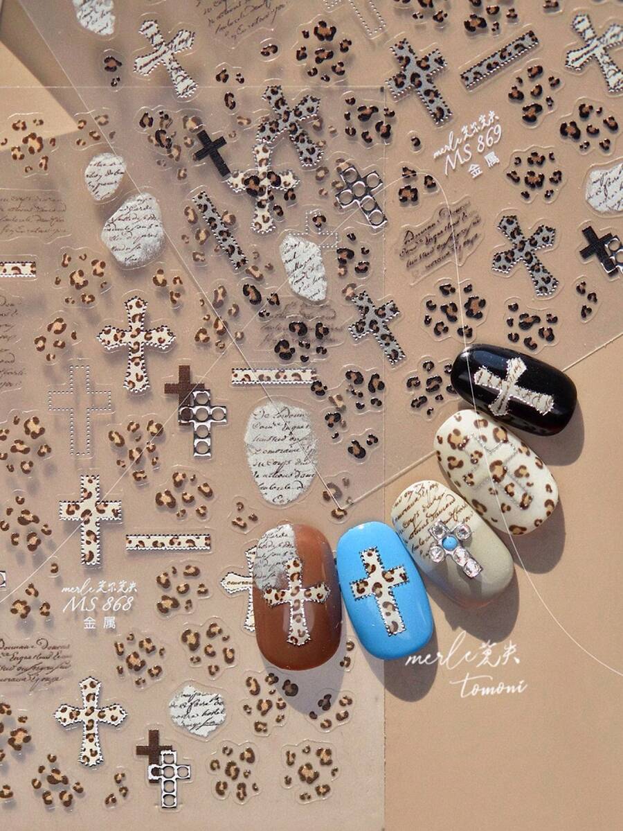 1pc Gothic Leopard Print Nail Art Sticker, 3D Embossed Denim Cross Leopard Velvet Decorative Pattern Design, Self-Adhesive Nail Sticker Decor, Nail Stamping, Nail Sticker, Reusable, For Women, Autumn/Winter Holiday Gift