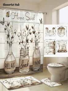 Set de perdele de duș retro cu fluture și sticlă, 1/3/4 buc, accesorii impermeabile și rezistente la uzură, cu 12 cârlige - include husă pentru scaun de toaletă, covorașe de baie și covoare - țesătură din poliester antiderapantă - lavabilă - perfectă pentru decor de sărbători, decor pentru casă/dormitor/casă/vest, decor de Crăciun