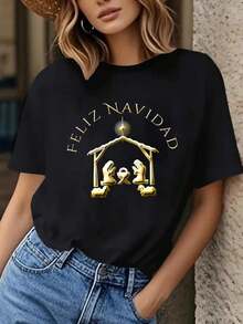 100% Algodón Unisex Camiseta Española Feliz Navidad, Camiseta de Impresión Casual de Cuello Redondo de Manga Corta 100% Algodón - Negro 6 - Ver 1