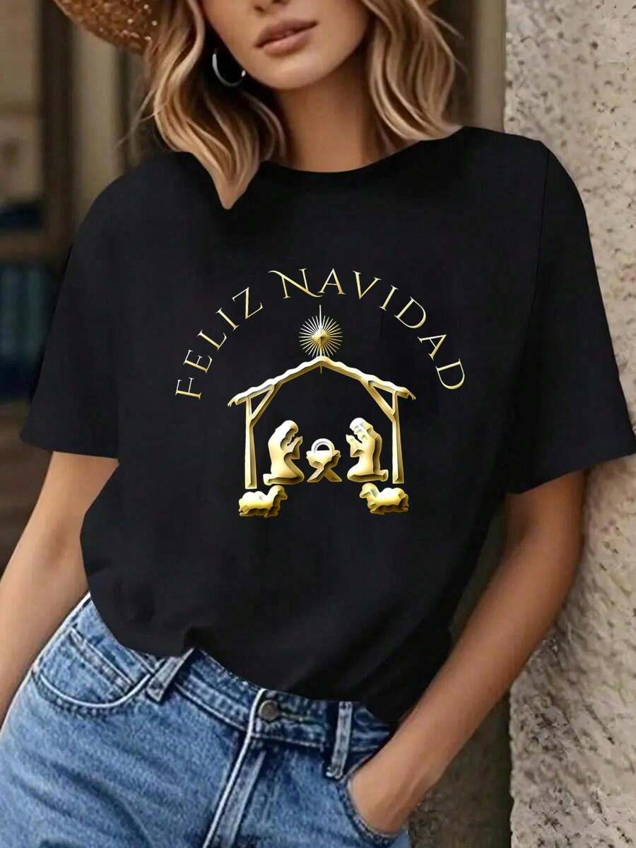 100% Algodón Unisex Camiseta Española Feliz Navidad, Camiseta de Impresión Casual de Cuello Redondo de Manga Corta 100% Algodón - Negro 6 - Ver 1