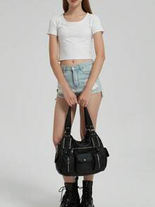 Spacious Women's Vintage Faux Leather Tote Bag - Chic Y2K-Inspired Multi-Pocket Crossbody With Detachable Strap, Zip Closure, Solid Color, Fashionable Shoulder Purse For Everyday Use, Bohemia Style Bag For Women, 2000s Fashion Style Bag For Women, Street & Japanese Bag For Women, New Arrival Tote Bags For Woman