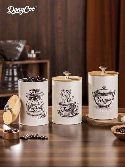 Dengcoo 1 件圆柱形带盖铁罐，咖啡豆和茶叶储存容器，厨房储物罐，食品和香料储物盒/罐，密封罐，防潮罐，适用于厨房储存，储存咖啡豆、茶叶、盐、糖和谷物