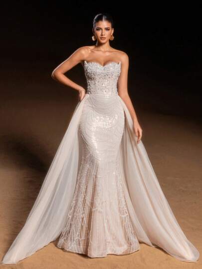 Elasola Elegant Beaded Sequin Evening Gown With Sweetheart Neckline & Sheer Tulle Train – Intricate Bodice Embellishments, Fitted Silhouette, Graceful Drag For Red-Carpet & Wedding Elegance Party Formal Spring