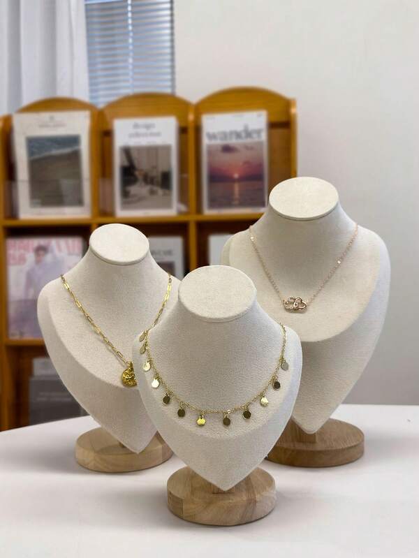 1 pieza Soporte de exhibición de collar en forma de corazón de terciopelo beige de madera, soporte de joyería de retrato, regalo festivo/decoración del hogar, accesorio de exhibición de colgante de collar, estante de accesorios de estilo vintage independiente