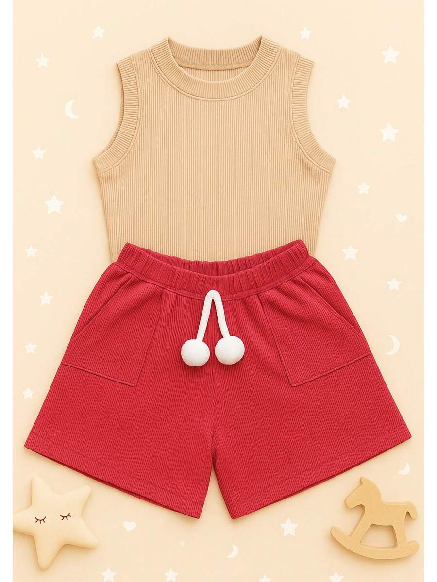 Children's And Youth Set Basic Tank Top + Ribbed Shorts With Pompom Super Stylish 2-Piece Kit For Girls And Teenagers Spring Summer CJI039 - Rosa y nude - Ver 1