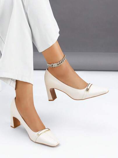 1 Pair Fashionable & Versatile French Square Toe Chunky Heel Pumps, Made Of Vintage Quality Leather With Strap Decor, Suitable For Various Workplaces