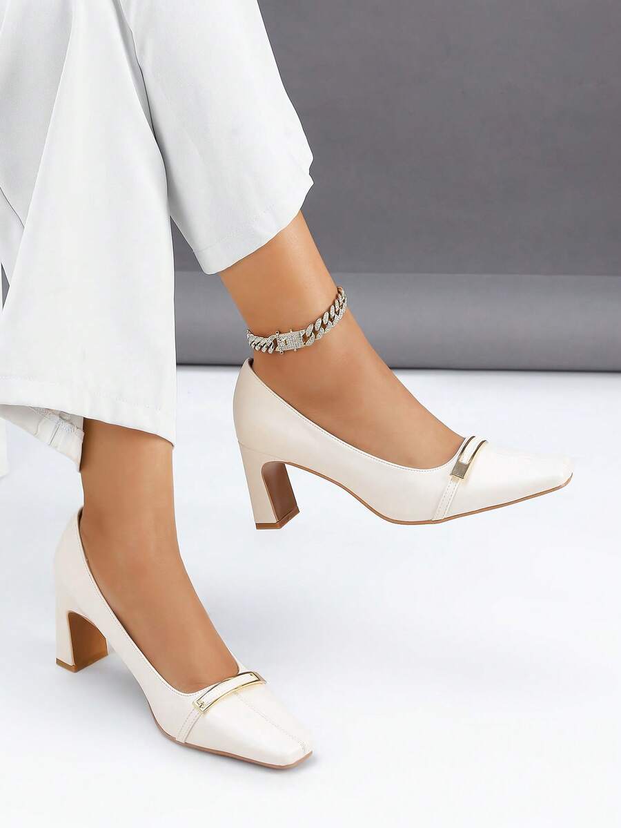 1 Par de Bombas de Salto Grosso de Bico Quadrado Francês Fashionable & Versátil, Feitas de Couro de Qualidade Vintage com Decoração de Tira, Adequadas para Vários Ambientes de Trabalho