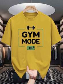 GYM MODE Men's White T-Shirt - Casual & With Dumbbell Graphic, Short Sleeve, Round Neck, Polyester & Spandex Blend, Perfect For Summer Workouts & Casual Attire; Women's Autumn Cotton Loose T-Shirt: Soft Winter Inner Wear Fashion Design, Soft Fabric,  Loose Fit, Hip-Hop Street Style, Unisex, Suitable For Home And Daily Wear - 黃色 - 查看 1