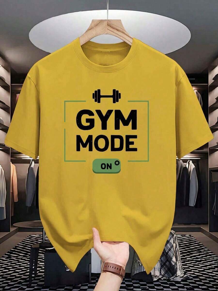 GYM MODE Men's White T-Shirt - Casual & With Dumbbell Graphic, Short Sleeve, Round Neck, Polyester & Spandex Blend, Perfect For Summer Workouts & Casual Attire; Women's Autumn Cotton Loose T-Shirt: Soft Winter Inner Wear Fashion Design, Soft Fabric, Loose Fit, Hip-Hop Street Style, Unisex, Suitable For Home And Daily Wear - 黃色 - 查看 1