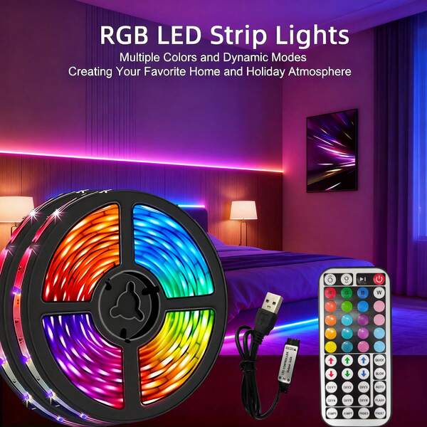 1 Roll 1 M~20m RGB LED Strip Lights USB Powered Multi-Color Changing LED Light Strip With 44key Remote Controller For Bedroom, Party, Home Decor,LED Strip Light RGB Color Changing Flexible Battery Powered LED Light With IR 24-Key Controller, Suitable For Bedroom, Table, Home, Room