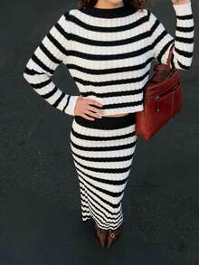 HoloChill Women's Colorblock Striped Casual 2-Piece Set: Crew Neck Long Sleeve Sweater And Long Bodycon Skirt, 2025 Autumn/Winter New Arrival