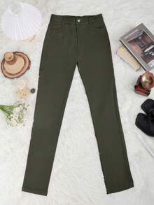 Pantalones ajustados con bolsillo oblicuo - Verde Oscuro - Ver 4