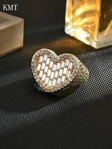 1pc Women's Adjustable Copper Ring With Micro-Inlaid Cubic Zirconia Luxury Heart Design, Suitable For Parties, Banquets And Daily Wear