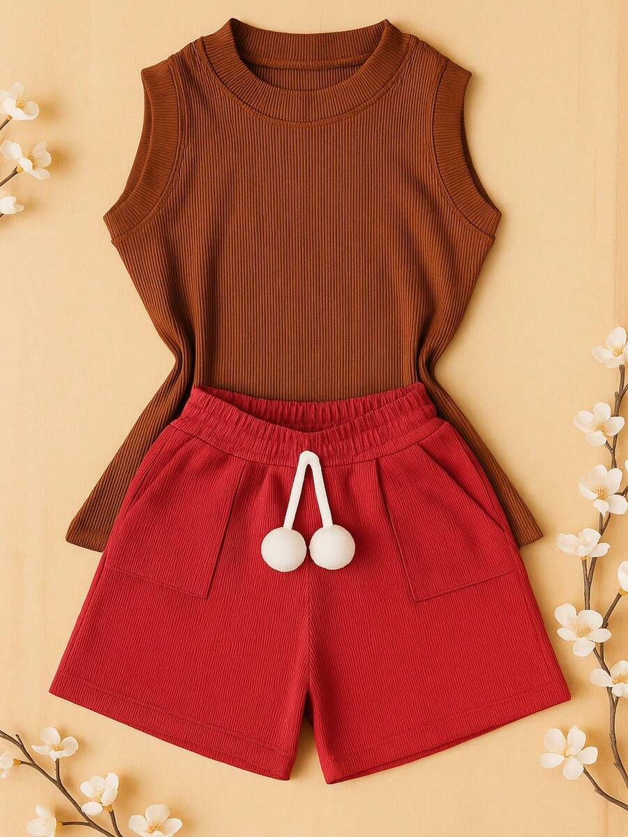 Children's And Youth Set Basic Tank Top + Ribbed Shorts With Pompom Super Stylish 2-Piece Kit For Girls And Teenagers Spring Summer CJI039 - Pink and Brown - View 1