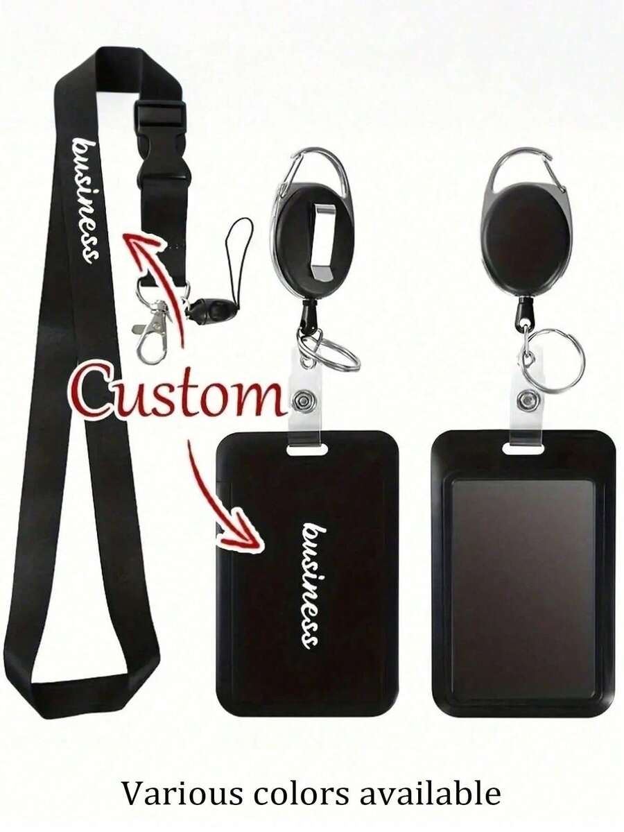 可定制姓名牌套，可伸缩夹式证件卡套，挂绳，证件卡套，胸卡，可拆卸挂绳，包含挂绳、可伸缩夹子、证件卡套，适用于定制工作证、返校学生证、餐卡、公交卡、水电煤气卡等。