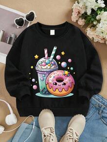 柔软舒适的套头卫衣，饰有珍珠奶茶和甜甜圈印花，可机洗，百搭休闲运动装，适合上学、度假和购物，是返校季和秋冬季的必备单品。 - 黑色 - 查看 6