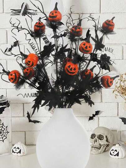 1 paquete de tallos de flores de ramas de Halloween, tallos de flores de hojas de arce de calabaza, decoraciones de ramas de Halloween, flores de Halloween ajustables en negro y naranja, adecuadas para jarrones de interior del hogar y fiestas