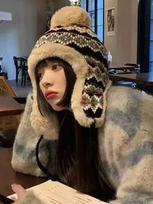 1pc Women's Colorblock Furry Warm Knit Beanie Hat, Autumn/Winter, Suitable For Christmas And Outdoor Use In Winter - Multicolor - View 10