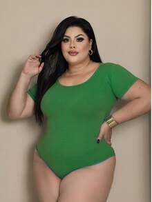 Kit 3 Body Plus size feminino canelado manga curta básico casual - NUDE/PRETO/VERDE - Visão 3