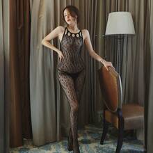 1 Sexy Leopard Print Jumpsuit, Mesh Vest & Chest Hollow Design, Sleeveless Tight Fit, Women's Halloween Costumes, Halloween Lingerie For Her - 黑色 - 查看 6