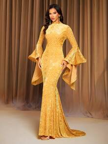 LOVE&LEMONADE Yellow Long Sleeve Flared Cuff Mandarin Collar Floor-Length Evening Gown