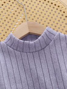 2 piezas Conjunto de pijama para niñas, parte superior de cuello alto de manga larga con forro térmico de unicolor y a rayas, y pantalón largo casual, otoño/invierno