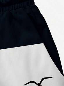 男士夏季印花图案抽绳腰斜口袋夏威夷速干双层网眼衬里短裤，海鸥撞色3D印花时尚休闲沙滩度假百慕大泳裤 - 彩色 - 查看 6