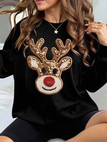 Women's Christmas Realistic Heat Transfer Printed Reindeer Sequin Appliques Sweatshirt, Long-Sleeved Ribbed Knit Pullover, Crew Neck, Regular Fit, Warm Inner Lining - Black - View 4