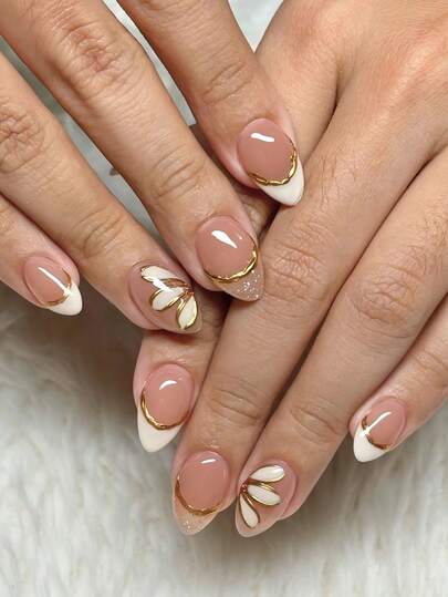 10 Pieces Of Handcrafted Autumn Press-On Nails, Short Nails, Almond Nails, French Tips, Gold Nails, White Nails, Pink Nails, Cute Nails, Hand-Pulled Gel Painted With Golden Butterfly Texture And Three-Petal Texture, Asymmetrical Three-Dimensional Gold Edge French Tips, Decorated With Golden Bowknot Ornaments On The Nail Surface, Comes With Nail Tools, Reusable Press-On Short Nails. Nail Supplies