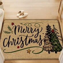 1 pièce Tapis de cuisine en lin imprimé motif sapin de Noël, cadeau de Noël, décoration de Noël, tapis de cuisine, tapis de sol, tapis de salle de bain, paillasson, rectangle imprimé en 3D, convient pour le salon, la chambre, le couloir, la salle de bain, la buanderie - Tapis en polyester, décoration d'intérieur et d'extérieur