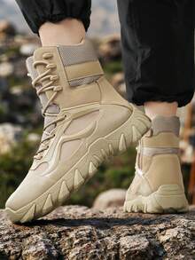 男士登山靴2025新款厚底防滑耐磨高帮圆头系带舒适男士高帮牛皮网布透气舒适男靴，男士户外摩托车骑行鞋，舒适男靴，尺码最大可达47