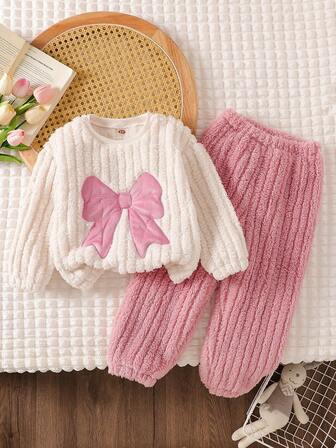 Girls Coral Fleece 2 Pieces Set, New Winter Design, Sweet & Cute, Round Neck, Thick Bowknot Double-Sided Fleece, Warm & Comfortable Casual Outfit