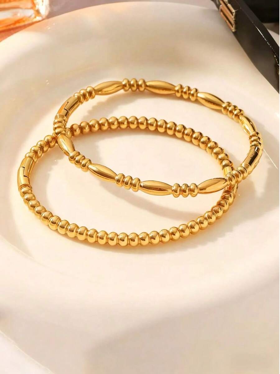 1pc Minimalist Vintage Spherical Bamboo Knot Stainless Steel Gold Bracelet, Women's Everyday Accessory, Gift For Girls, Ladies, Relatives, Friends, Birthday, Valentine's Day