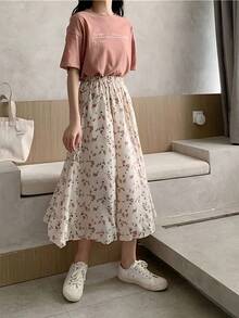 Falda larga de mujer plisada con estampado floral vintage, falda corta coreana, ropa de calle, falda midi, cintura elástica y cordón, falda halter de mujer - Albaricoque - Ver 5