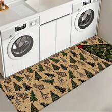 1 pièce Tapis de cuisine en lin imprimé motif sapin de Noël, cadeau de Noël, décoration de Noël, tapis de cuisine, tapis de sol, tapis de salle de bain, paillasson, rectangle imprimé en 3D, convient pour le salon, la chambre, le couloir, la salle de bain, la buanderie - Tapis en polyester, décoration d'intérieur et d'extérieur