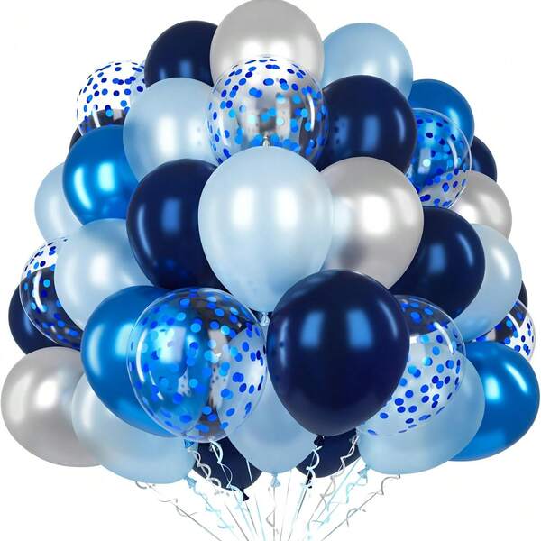 60 globos azul marino, globos de látex metálicos azul plateado y azul claro de 10 pulgadas con 1 cinta y globos de confeti para decoración de fiesta de cumpleaños de niño, hombre, baby shower, boda y graduación