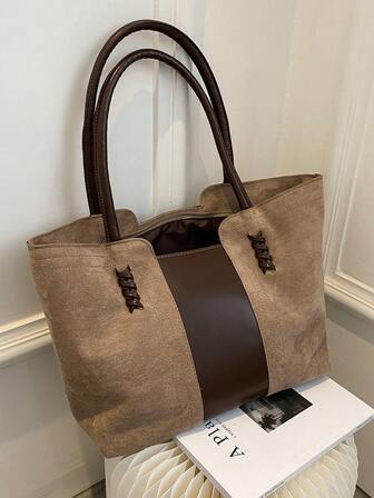 Women's Tan Suede And Brown Leather Tote Bag - Spacious Double - Handle Design With Braided Detail, Ideal For Daily And Casual Use