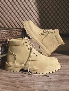 Autumn Leather High-Top Outdoor Boots For Men, Anti-Slip & Durable Thick Sole Work Boots (Random Stripe, Line, Letter Or Asymmetrical Pattern On Shoe Upper)