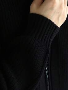 Men's Thick Zip-Up Cardigan, Long Sleeve Solid Color Sweater - Black - View 7