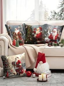 4pcs/1pc Christmas Pillow Covers - Santa Claus With Forest Animals And Christmas Tree Pattern Cushion Covers, 18x18 Inches | Zipper Closure | Bright Colors And Polyester Material | For Living Room, Room Decoration, Sofa And Bedroom (Filling Not Included) Great For Christmas Decorations, Christmas Party Home Decor Christmas Decorations Home