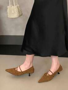 Zapatos de tacón de aguja tipo Mary Jane de ante retro francés de primavera 2025, zapatos de tacón de gatito para ir al trabajo y fiestas para mujeres - Marrón - Ver 5
