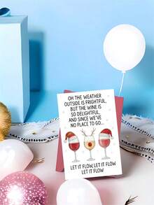 1 pieza Tarjeta de Navidad divertida con copas de vino - Gorros de Papá Noel, cita festiva "Déjalo fluir" - Papelería elegante de vacaciones para regalos de Navidad, fiestas, amantes del vino - Incluye sobre rojo a juego - Tarjeta de felicitación de papel premium, saludos de temporada, sobre resistente, organizadores de fiestas