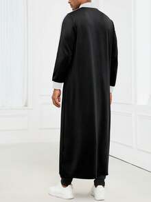 Modern Islamic Men's Clothing, Hooded Kamis Robe, Muslim Men's Grey Kamis Robe, Fashionable Stand Collar Long Hooded Sweatshirt - Black and White - View 3
