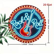 8x8 Inch Round Metal Sign, 2D Flat Rock Guitar Neon Wall Art, Waterproof & UV-Resistant, Frameless Music Themed Decor, Suitable For Cafe, Club, Bar, Room Decoration