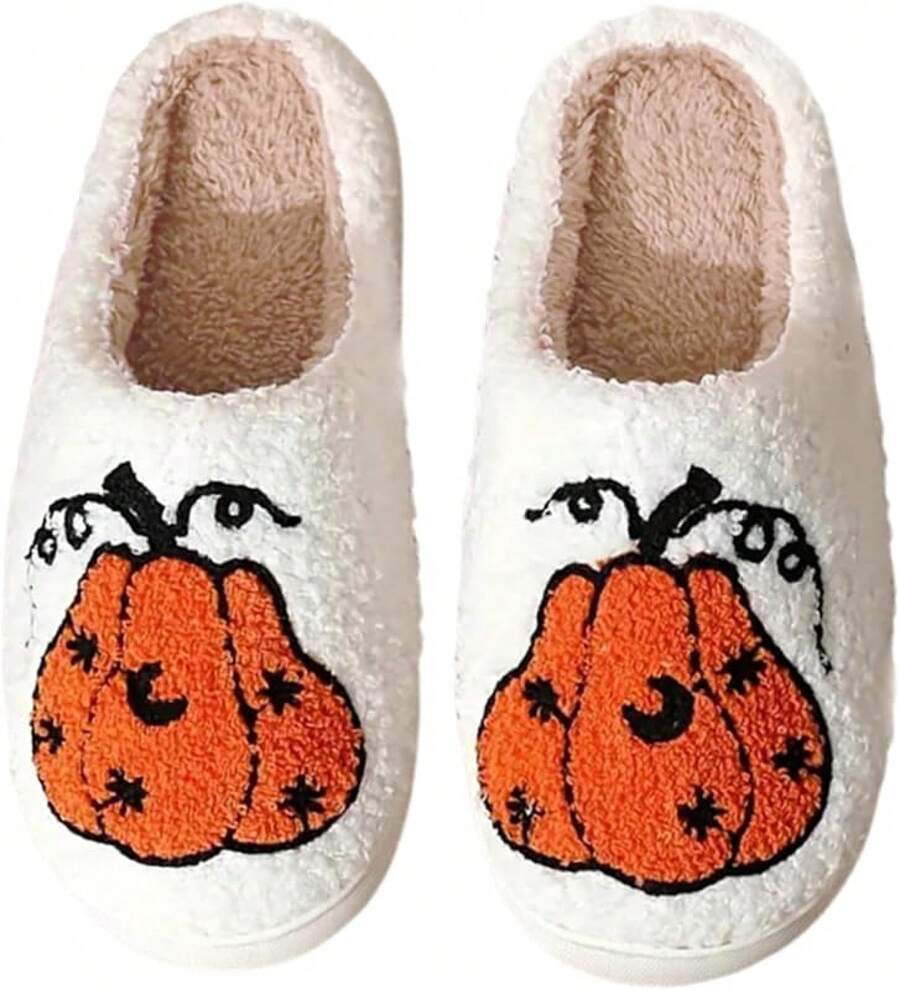Cozy Plush Halloween Pumpkin Slippers, Non-Slip Fluffy Design - New Pumpkin - View 1