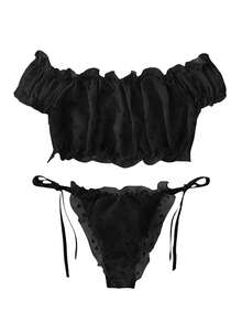 2pcs Lace Sheer Sexy Short Panty Set, Lingerie - Grid Star Black - View 5
